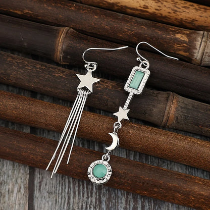 Vintage Asymmetric Star Tassel with Moon and Crystals Inlay Earrings
