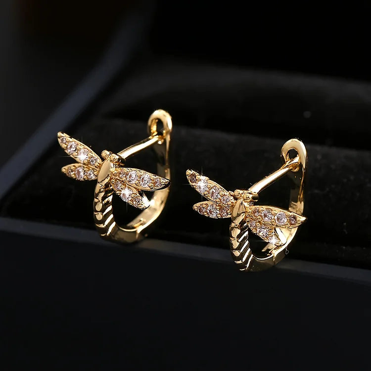 Vintage Round Inlaid Zirconia Dragonfly Earrings
