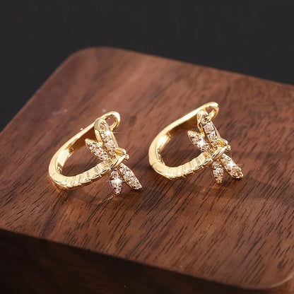 Vintage Round Inlaid Zirconia Dragonfly Earrings