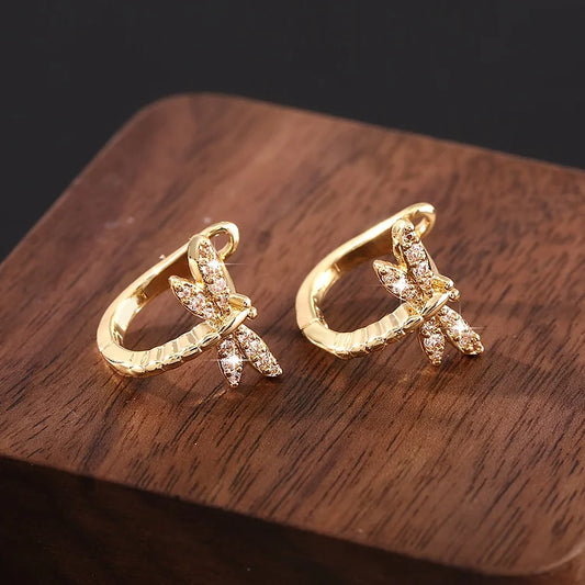 Vintage Round Inlaid Zirconia Dragonfly Earrings