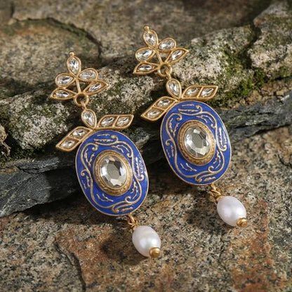 Vintage Royal Blue Enamel Pearl Earrings