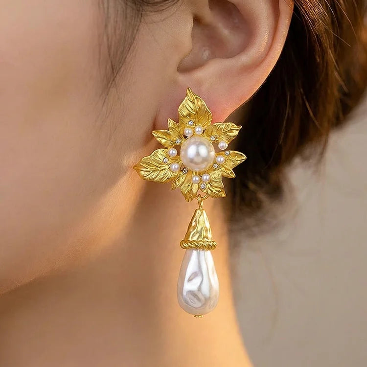 Vintage Baroque Pearl Flower Drop Earrings