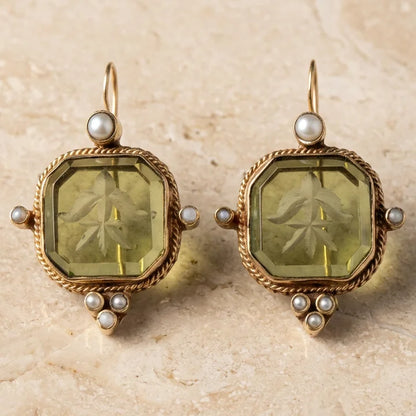Vintage Hexagonal Green & Pearl Earrings