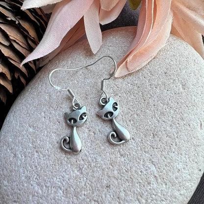 Vintage Tiny Cat Statement Dangle Hoop Earrings