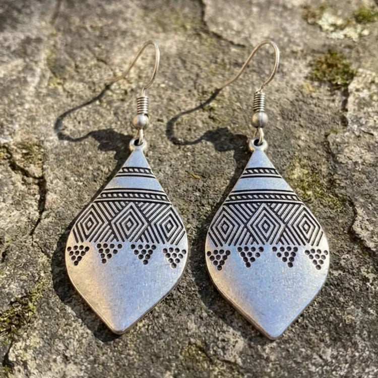 Vintage Bohemian Teardrop Engraved Pattern Silver Earrings