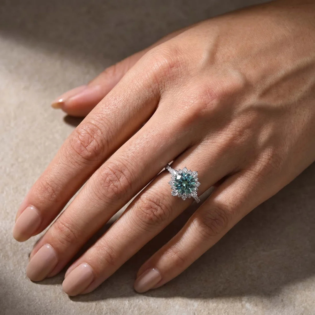 Snowflake Design Cyan Blue Engagement Ring