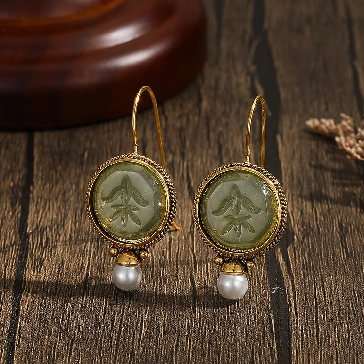 Vintage Hexagonal Green & Pearl Earrings
