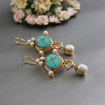 Vintage Gold And Pearl Turquoise Earrings