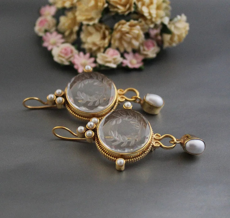 Vintage Round Grey & Pearl Earrings