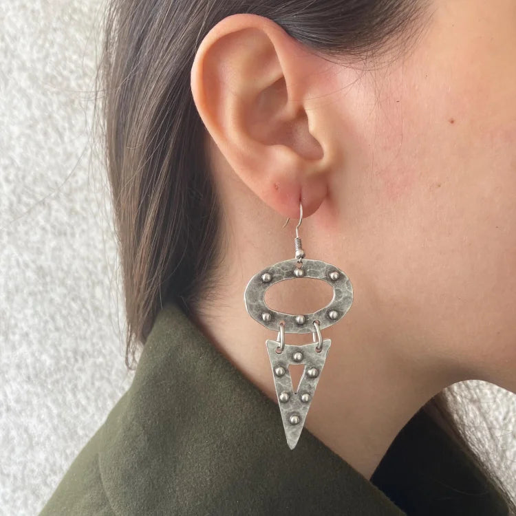 Vintage Boho Silver Oval and Triangle Earrings