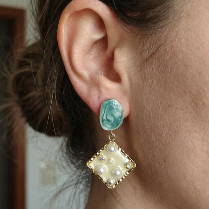 Vintage Marquise Marble & Pearl Drop Earrings