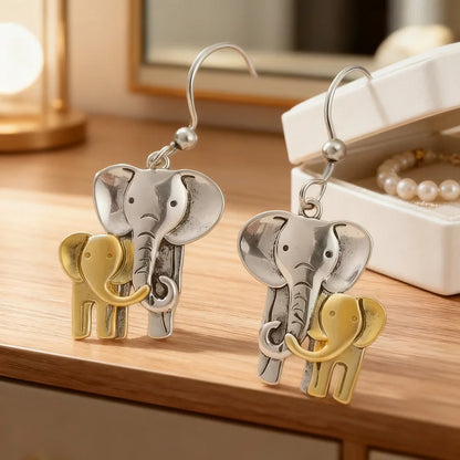 Vintage Elephant Mom And Baby Elephant Animal Earrings