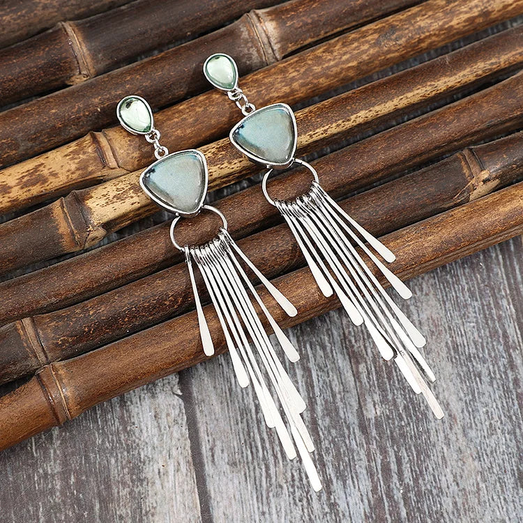 Vintage Geometric Tassel Inlaid Gemstone Earrings