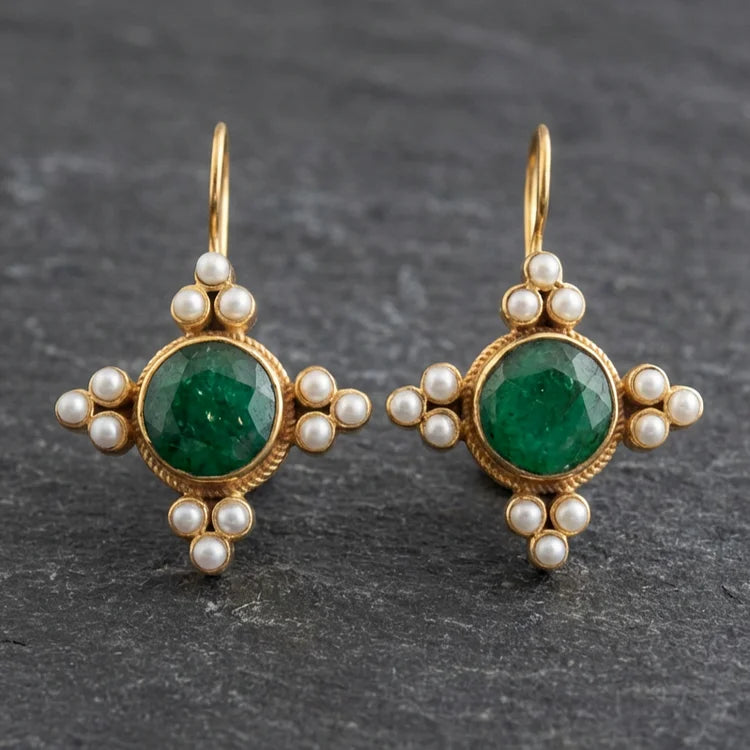 Vintage Green Crystal & Pearls Earrings