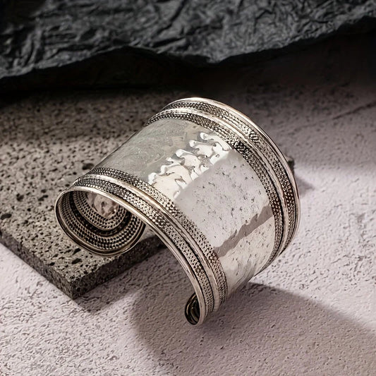 Vintage Boho Hammered Silver Plated Wide Cuff Bracelet