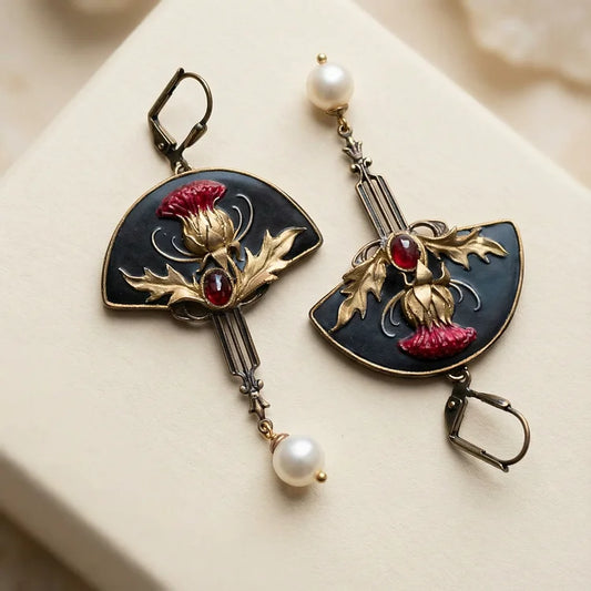 Boho Earrings with Pearls and Red Crystal