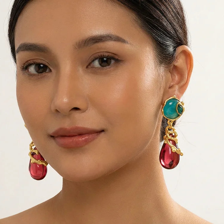 Vintage Artisan Two-Tone Gem Drop Earrings