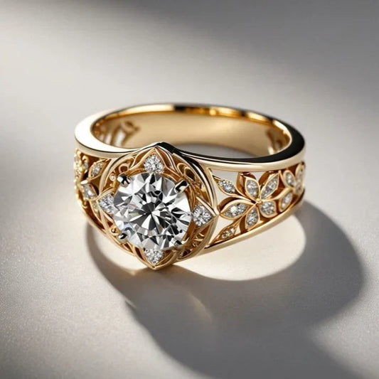 Exotic Hollow Flower Crystal Ring in Gold