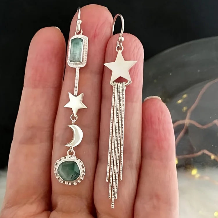 Vintage Asymmetric Star Tassel with Moon and Crystals Inlay Earrings