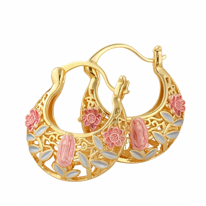 Vintage Boho Pink Floral Gold Plated Hoop Earrings