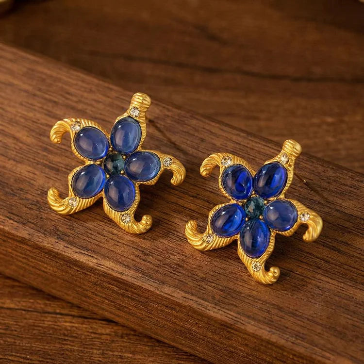 Vintage Starfish Blue Gem Statement Earrings