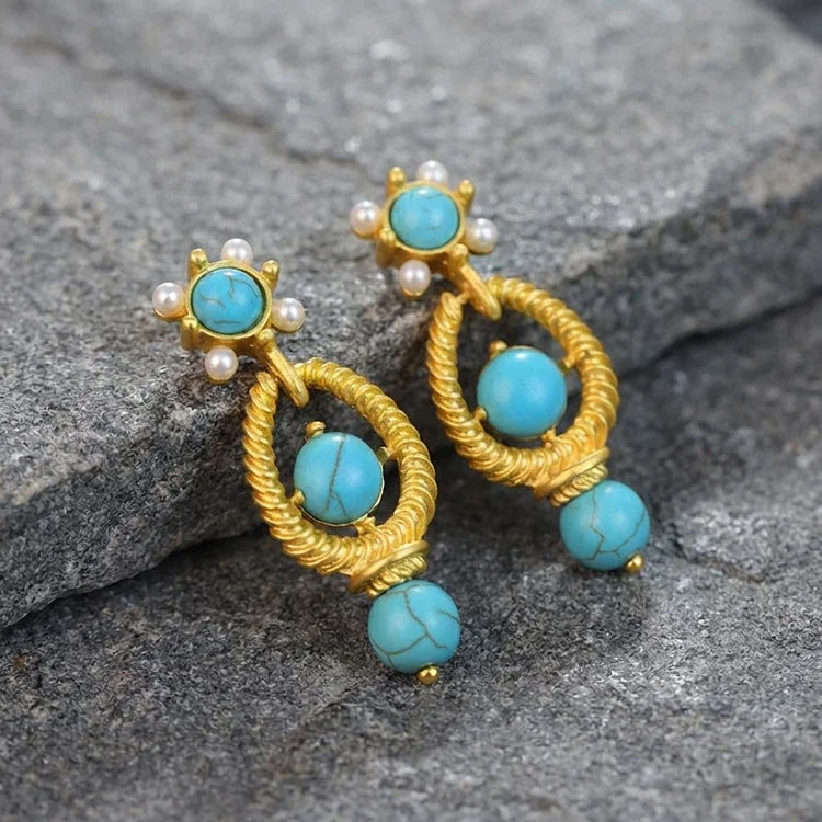 Vintage Turquoise Gold Twist Earrings