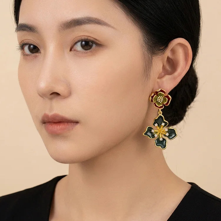 Vintage Enamel Clover Flower Earrings