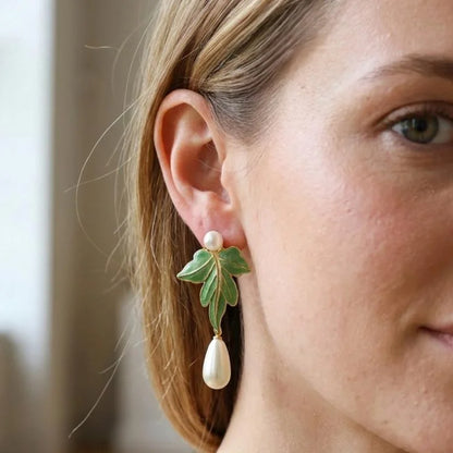 Vintage Green Enamel Leaf Pearl Drop Earrings