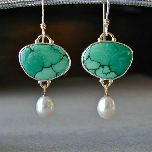 Vintage Turquoise Stone Pearl Earrings