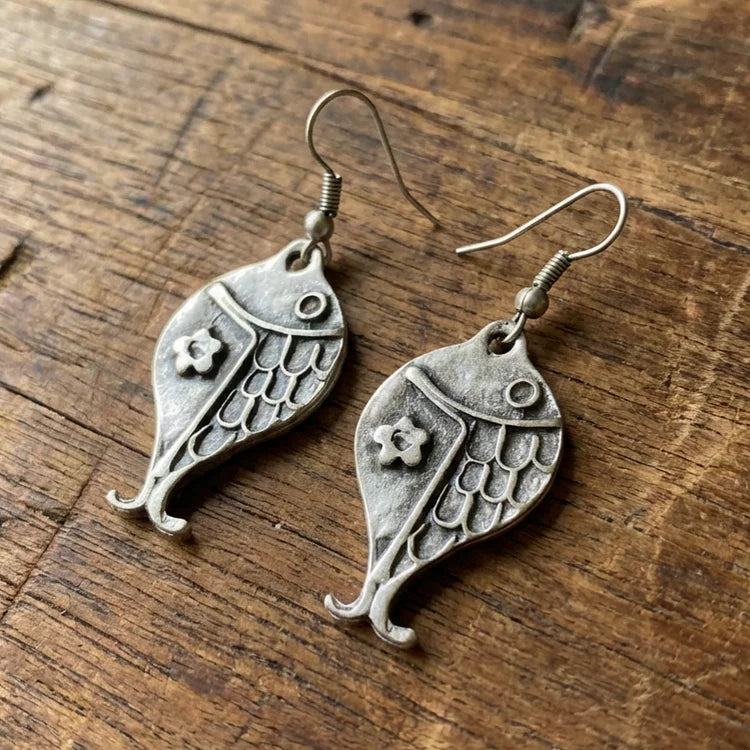Vintage Boho Silver Fish with Flower Earrings
