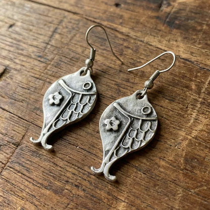 Vintage Boho Silver Fish with Flower Earrings