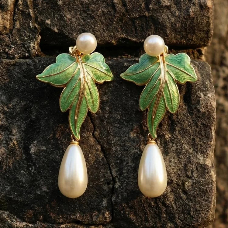 Vintage Green Enamel Leaf Pearl Drop Earrings