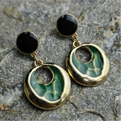 Silver Vintage Black & Green Enamel Drop Earrings