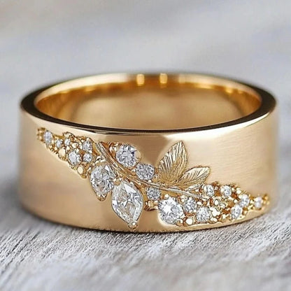 Exquisite Golden Inlay Zirconia Leaf Ring