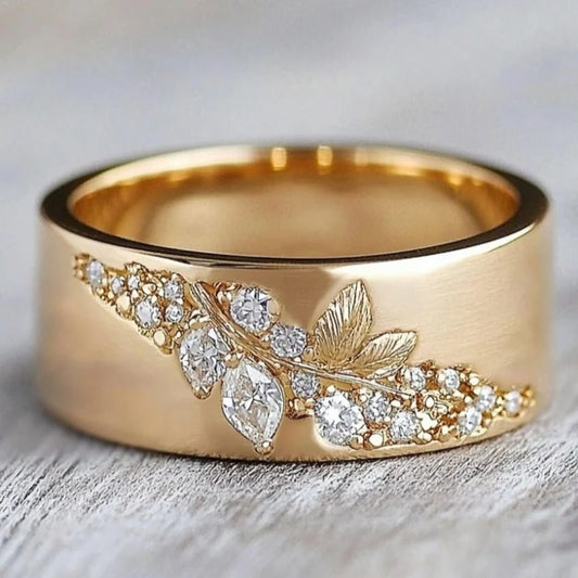 Exquisite Golden Inlay Zirconia Leaf Ring