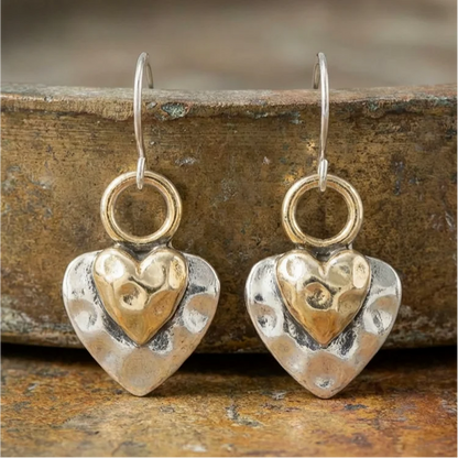 Vintage Hammered Two-Tone Heart Drop Earrings