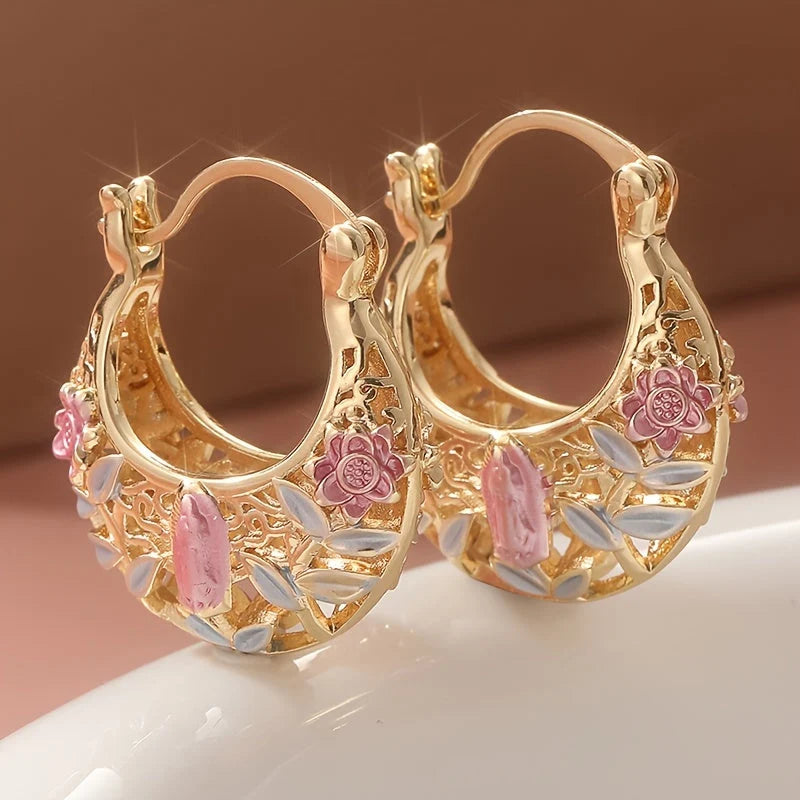 Vintage Boho Pink Floral Gold Plated Hoop Earrings