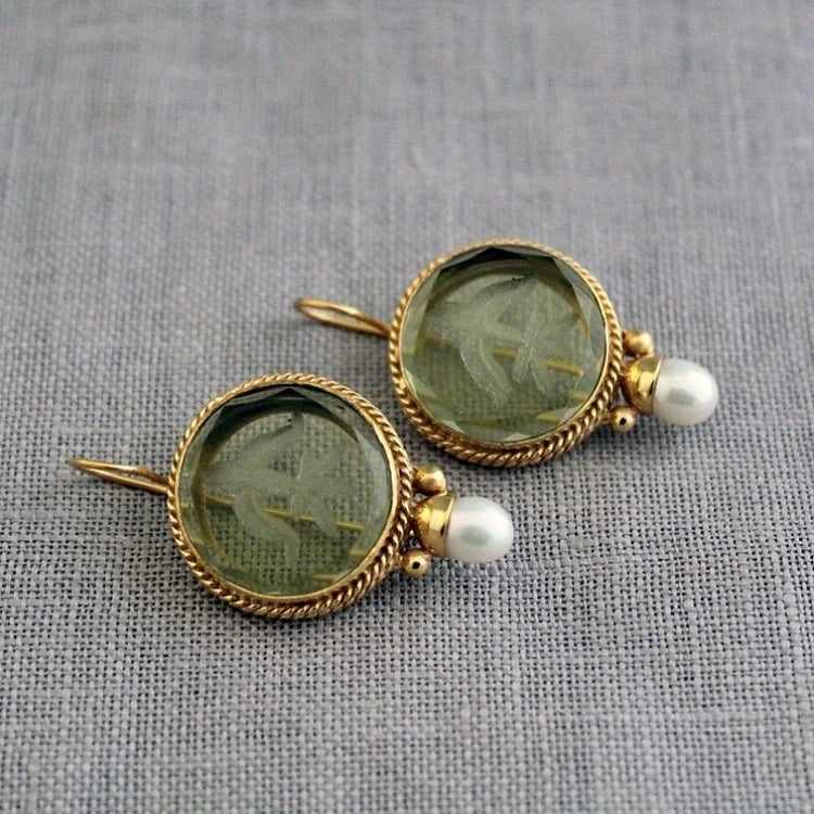 Vintage Hexagonal Green & Pearl Earrings