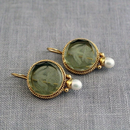Vintage Hexagonal Green & Pearl Earrings