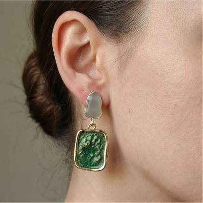 Silver Vintage Green Resin Geometric Drop Earrings