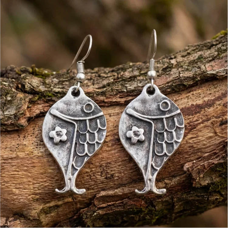 Vintage Boho Silver Fish with Flower Earrings