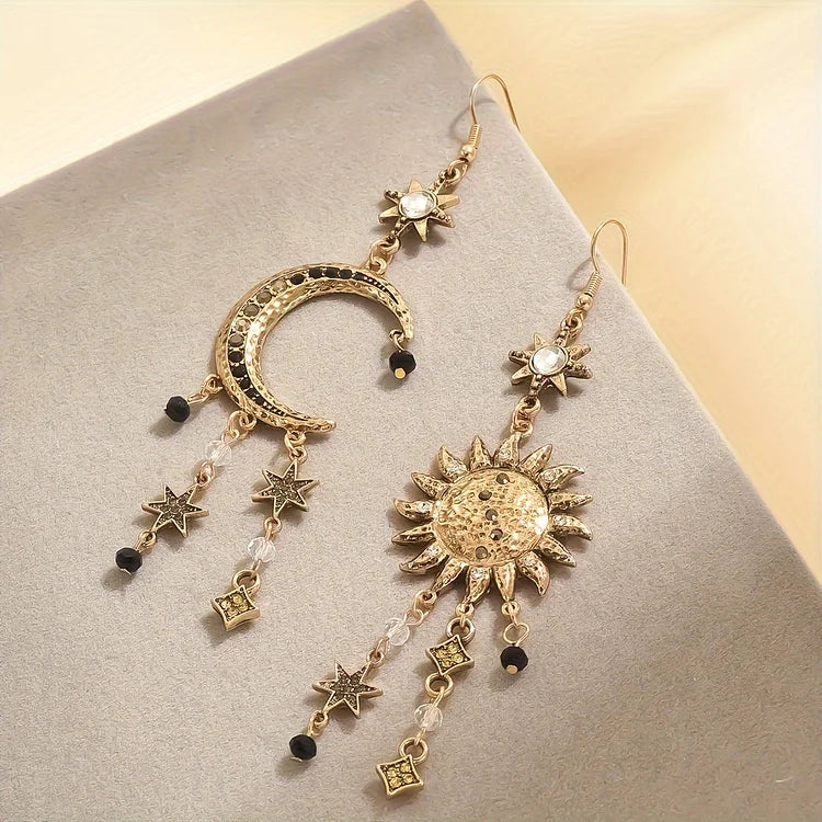 Vintage Sun Moon Design Rhinestone Inlaid Asymmetric Dangle Earrings