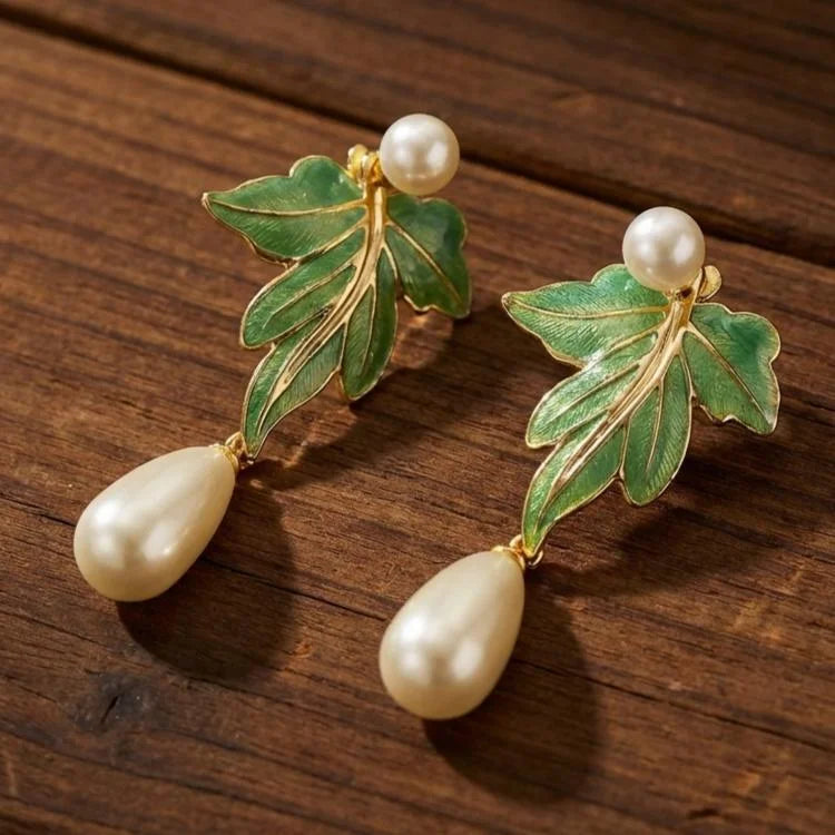 Vintage Green Enamel Leaf Pearl Drop Earrings