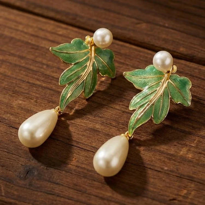 Vintage Green Enamel Leaf Pearl Drop Earrings