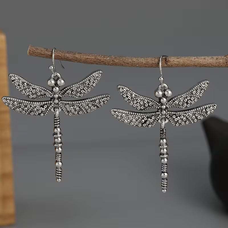 Silver Vintage Dragonfly Carved Pattern Retro Earrings