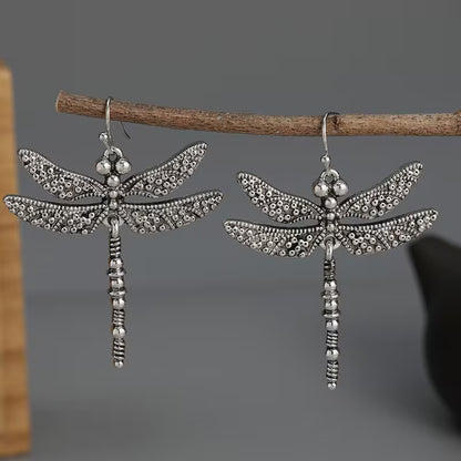 Silver Vintage Dragonfly Carved Pattern Retro Earrings