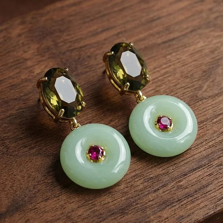 Vintage Handcrafted Jade Circle Drop Earrings