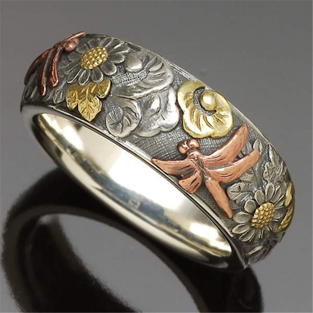 Vintage Mixed Metal Design Sunflower Dragonfly Ring
