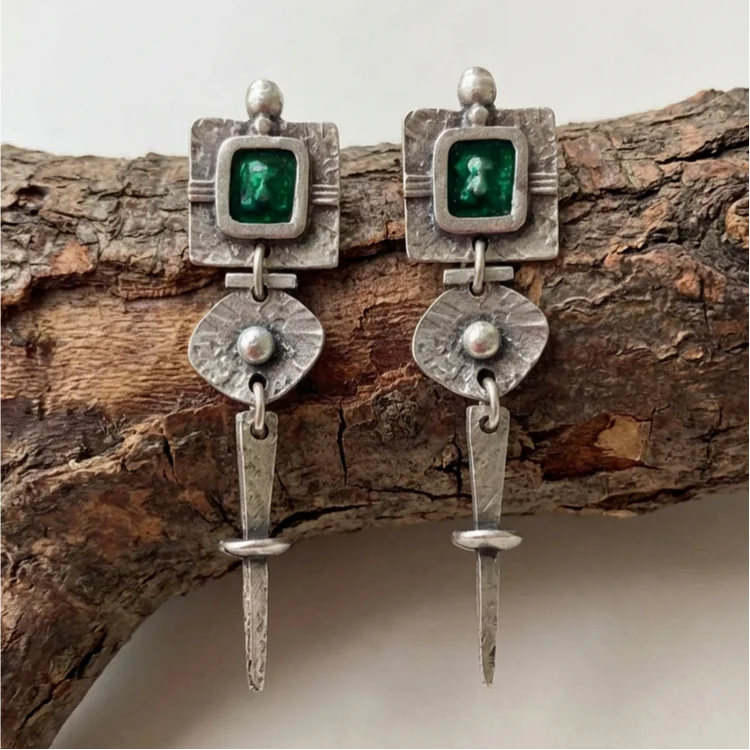 Vintage Bohemian Long Set Green Natural Stone Earrings