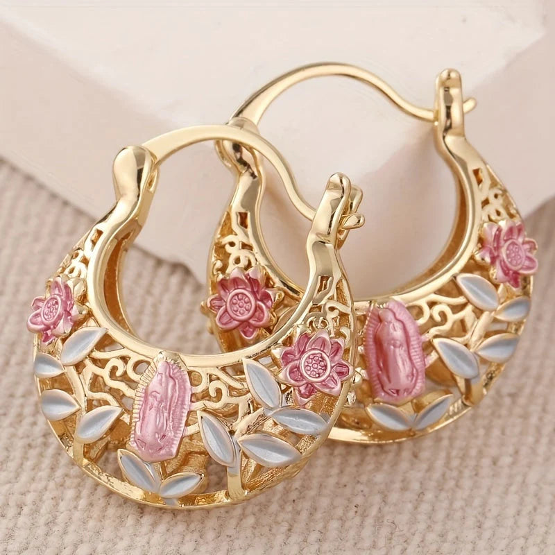 Vintage Boho Pink Floral Gold Plated Hoop Earrings